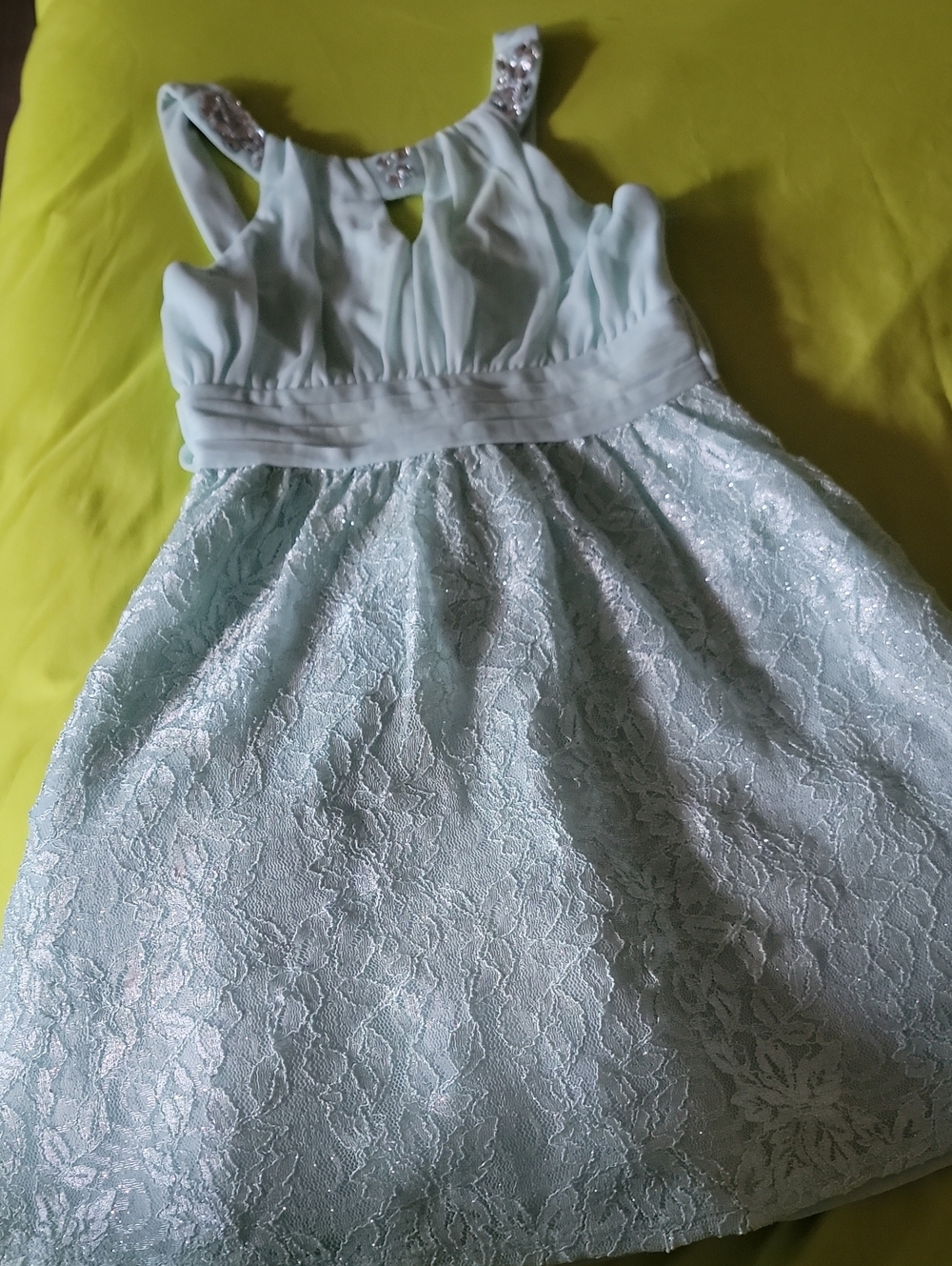 Rare Editions Light Mint Lace Party Dress with Rhinestone Straps